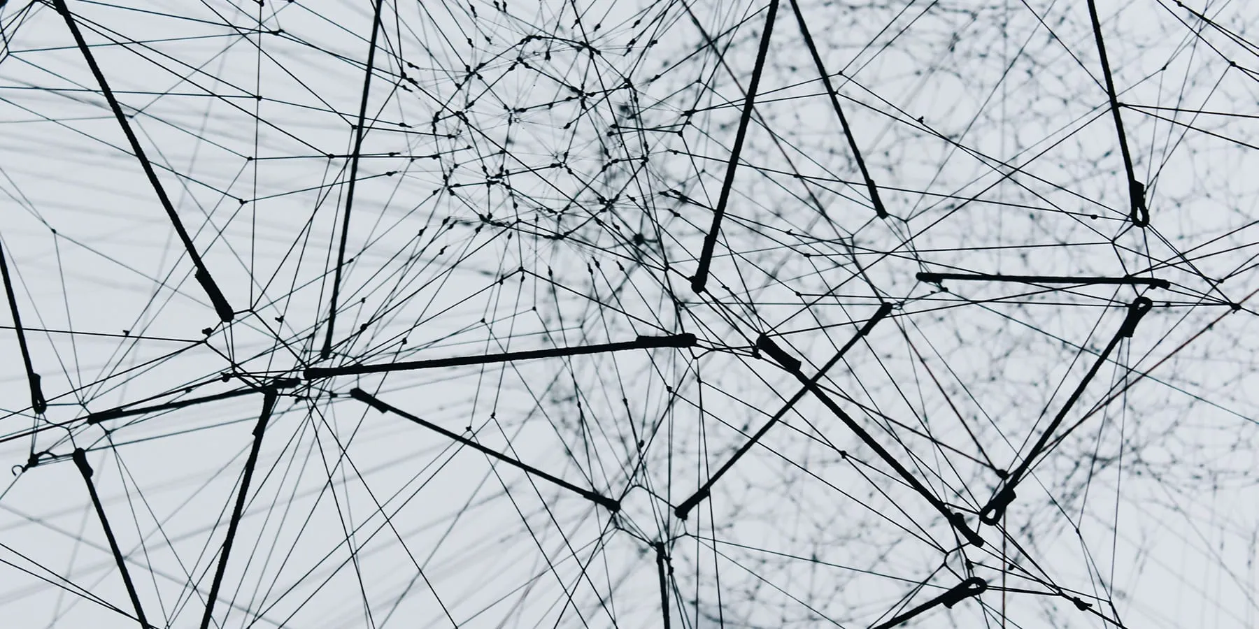 Abstract web of black nodes connected by thin crisscrossing lines on a white background, resembling a network graph