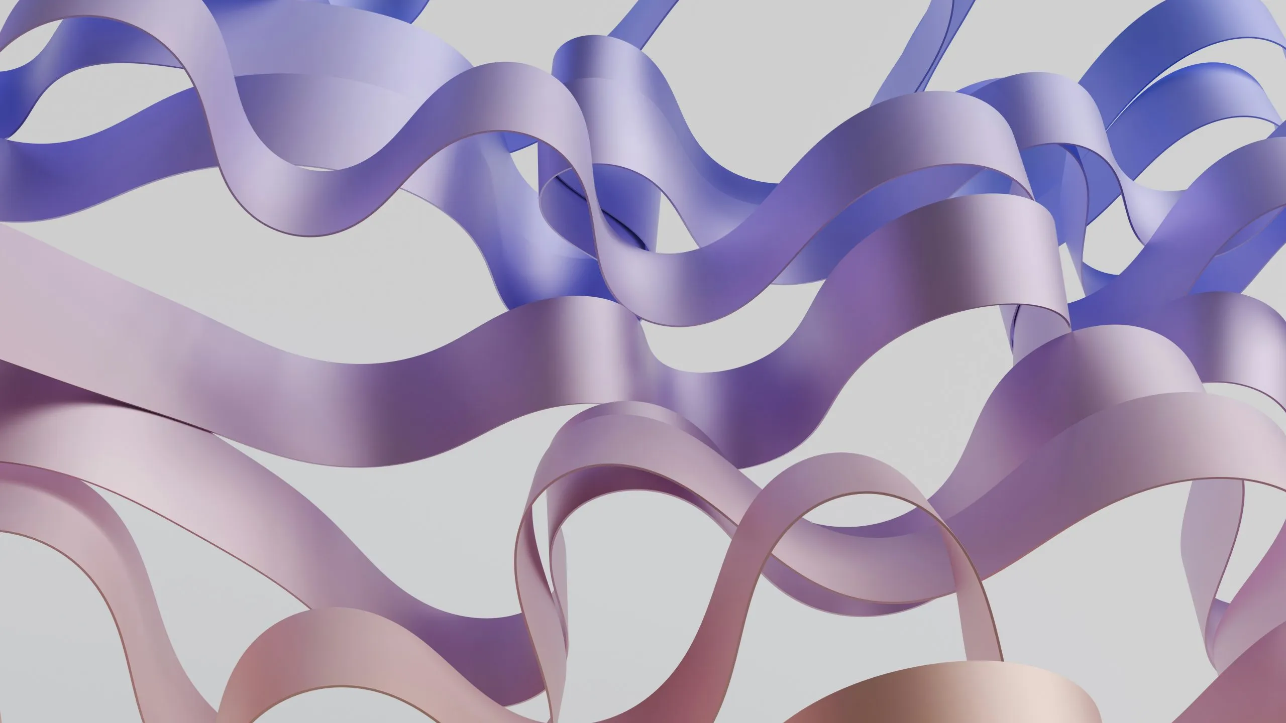 Abstract 3D render of glossy ribbons curling in waves, gradient from blue to pink, on a light grey background