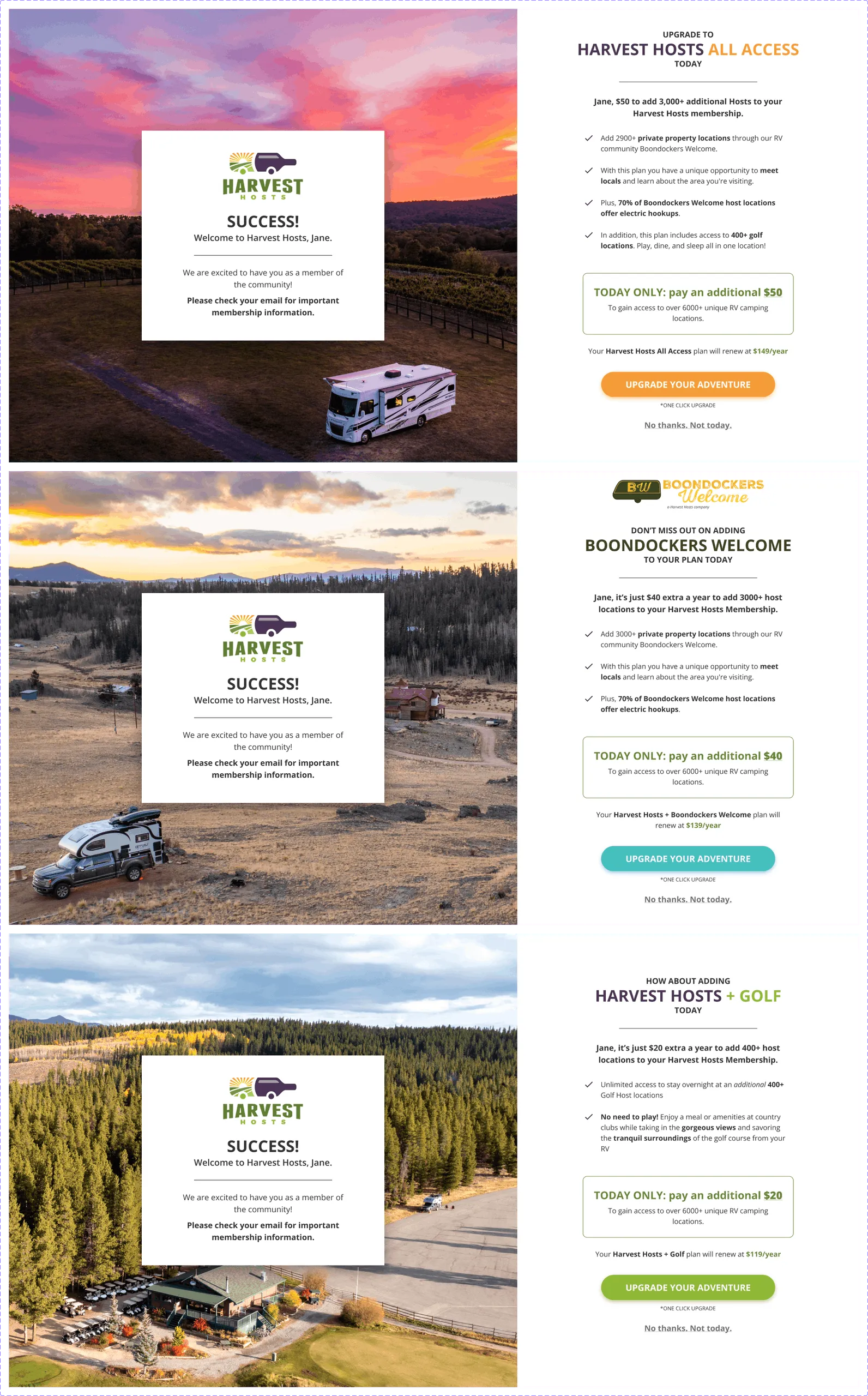 Three Harvest Hosts post-signup upsell screens offering All Access, Boondockers Welcome and Golf membership upgrades