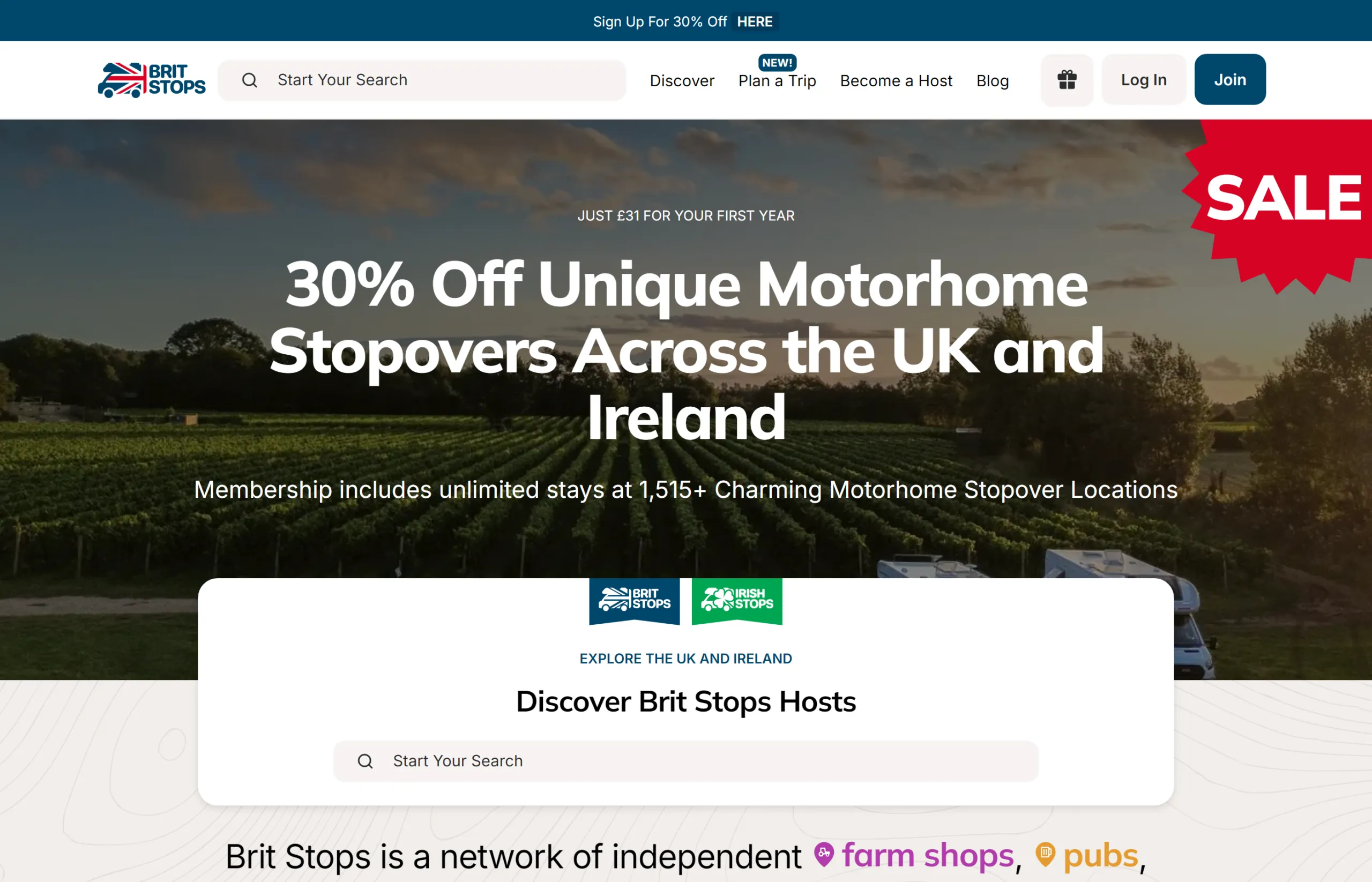 Brit Stops storefront homepage with motorhome stopover search