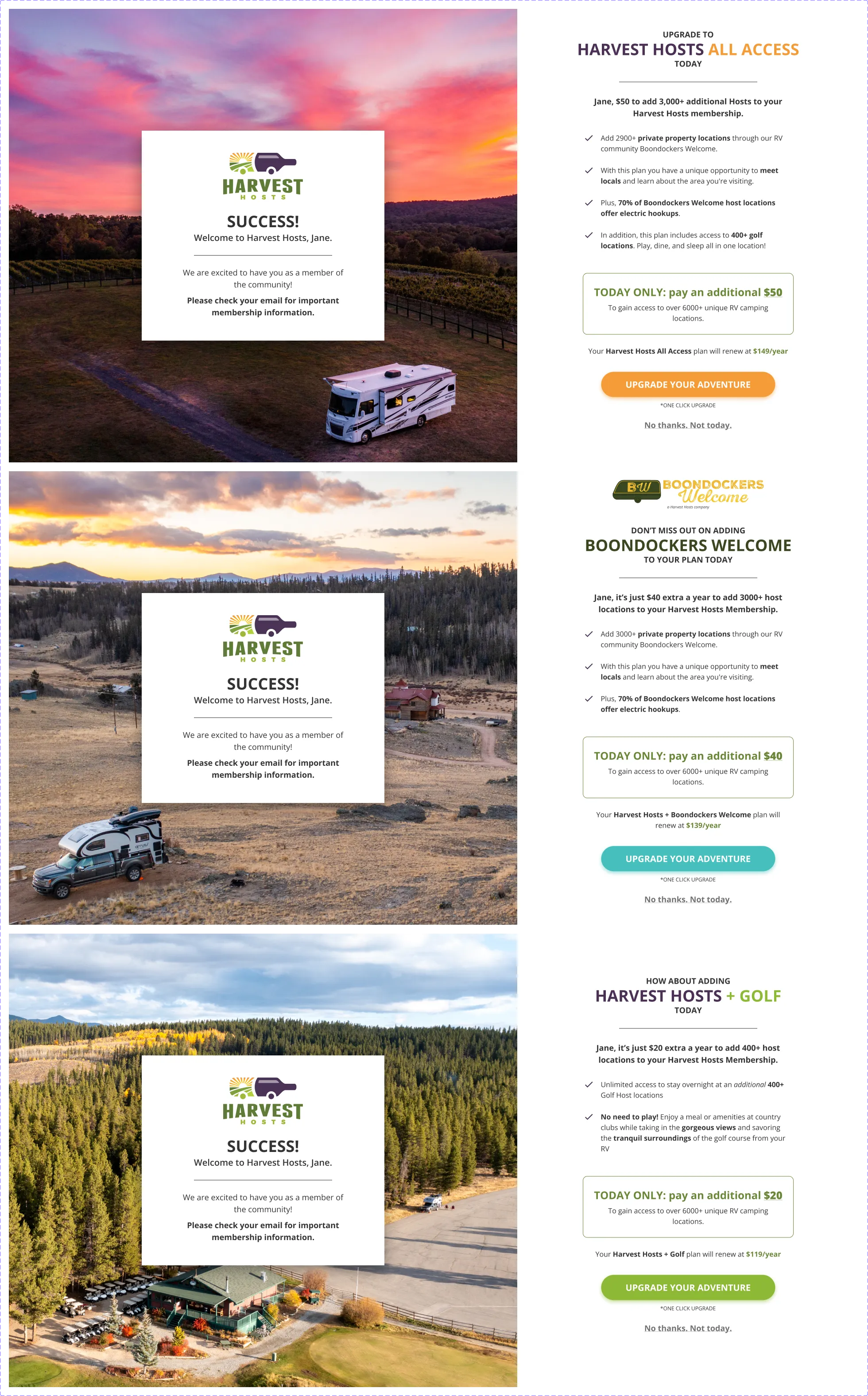 Three Harvest Hosts post-signup upsell screens offering All Access, Boondockers Welcome and Golf membership upgrades