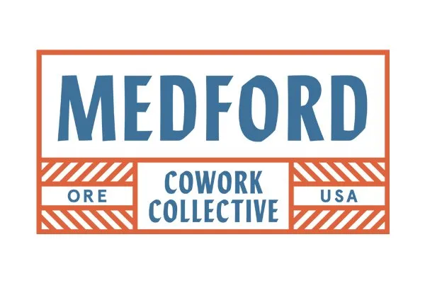 MCC logo concept — 'Medford Cowork Collective' in a boxed crate-label style with blue text and orange stripes