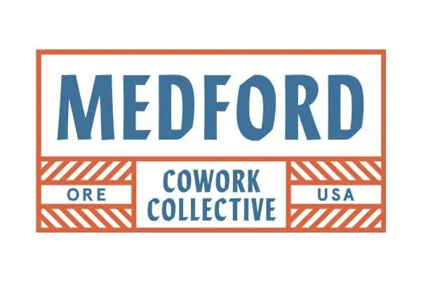 MCC logo concept — 'Medford Cowork Collective' in a boxed crate-label style with blue text and orange stripes