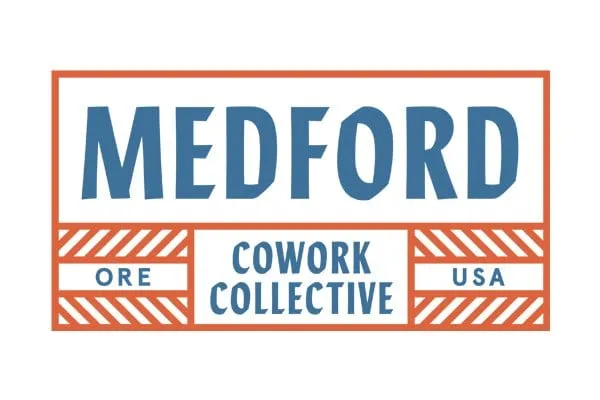 MCC logo concept — 'Medford Cowork Collective' in a boxed crate-label style with blue text and orange stripes