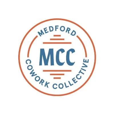MCC logo concept — circular seal with 'MCC' centered and 'Medford Cowork Collective' wrapping in blue and orange