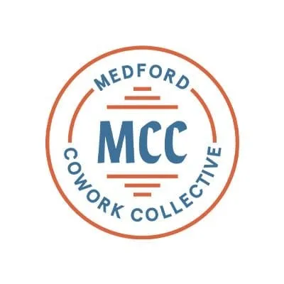 MCC logo concept — circular seal with 'MCC' centered and 'Medford Cowork Collective' wrapping in blue and orange