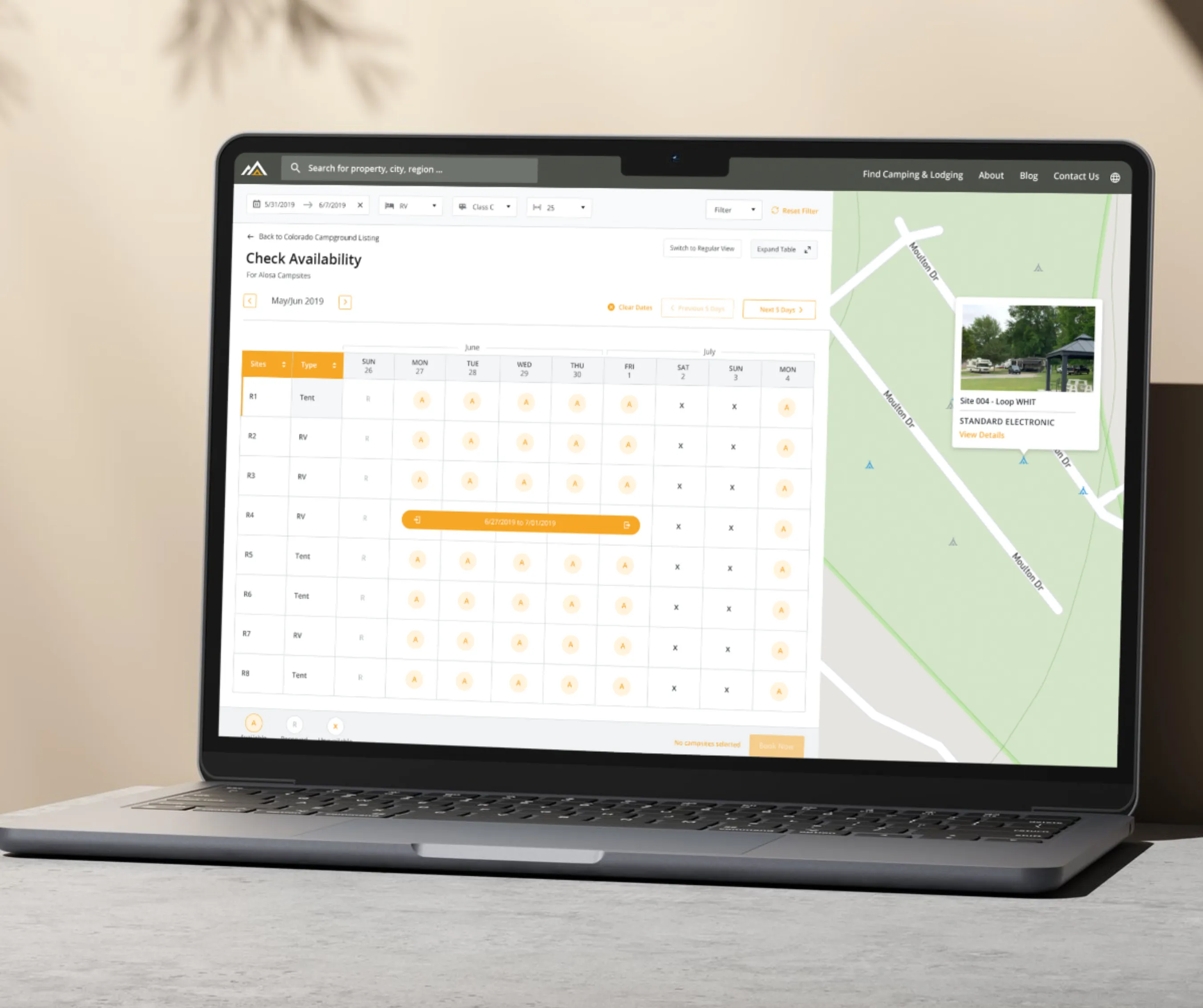 Check Availability screen with a calendar grid of campground sites and dates beside a location map
