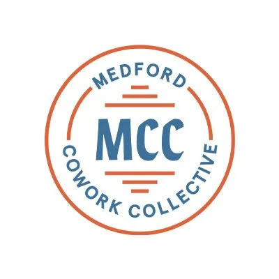 MCC logo concept — circular seal with 'MCC' centered and 'Medford Cowork Collective' wrapping in blue and orange