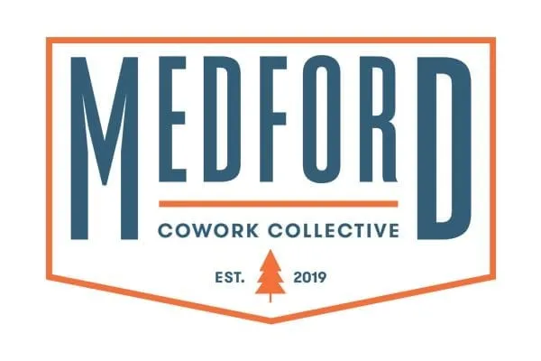 MCC logo concept — 'Medford Cowork Collective' crest badge in orange outline with blue text and pine tree