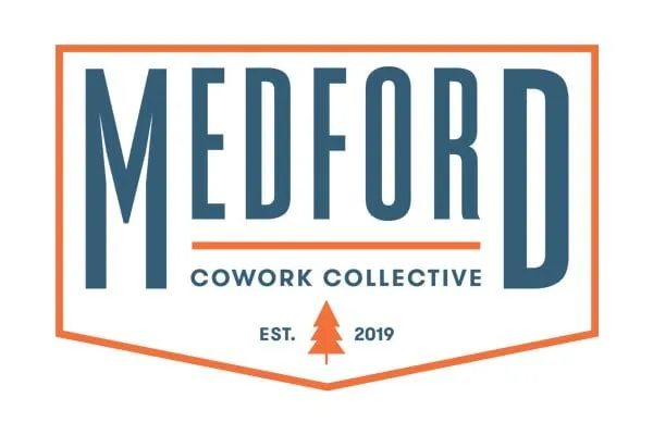 MCC logo concept — 'Medford Cowork Collective' crest badge in orange outline with blue text and pine tree