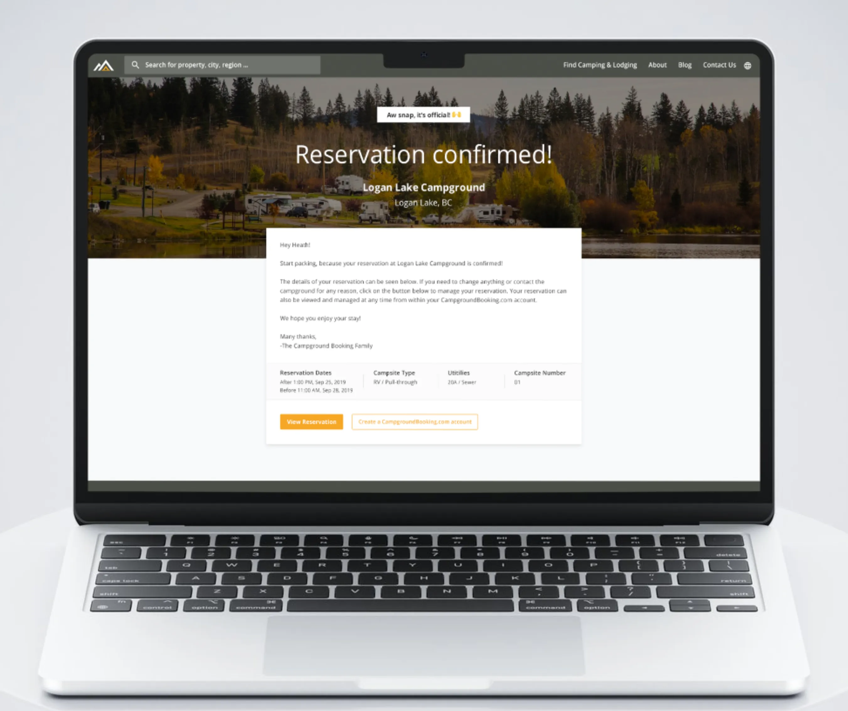 Reservation confirmed screen for Logan Lake Campground with booking summary and dates over a forest hero photo