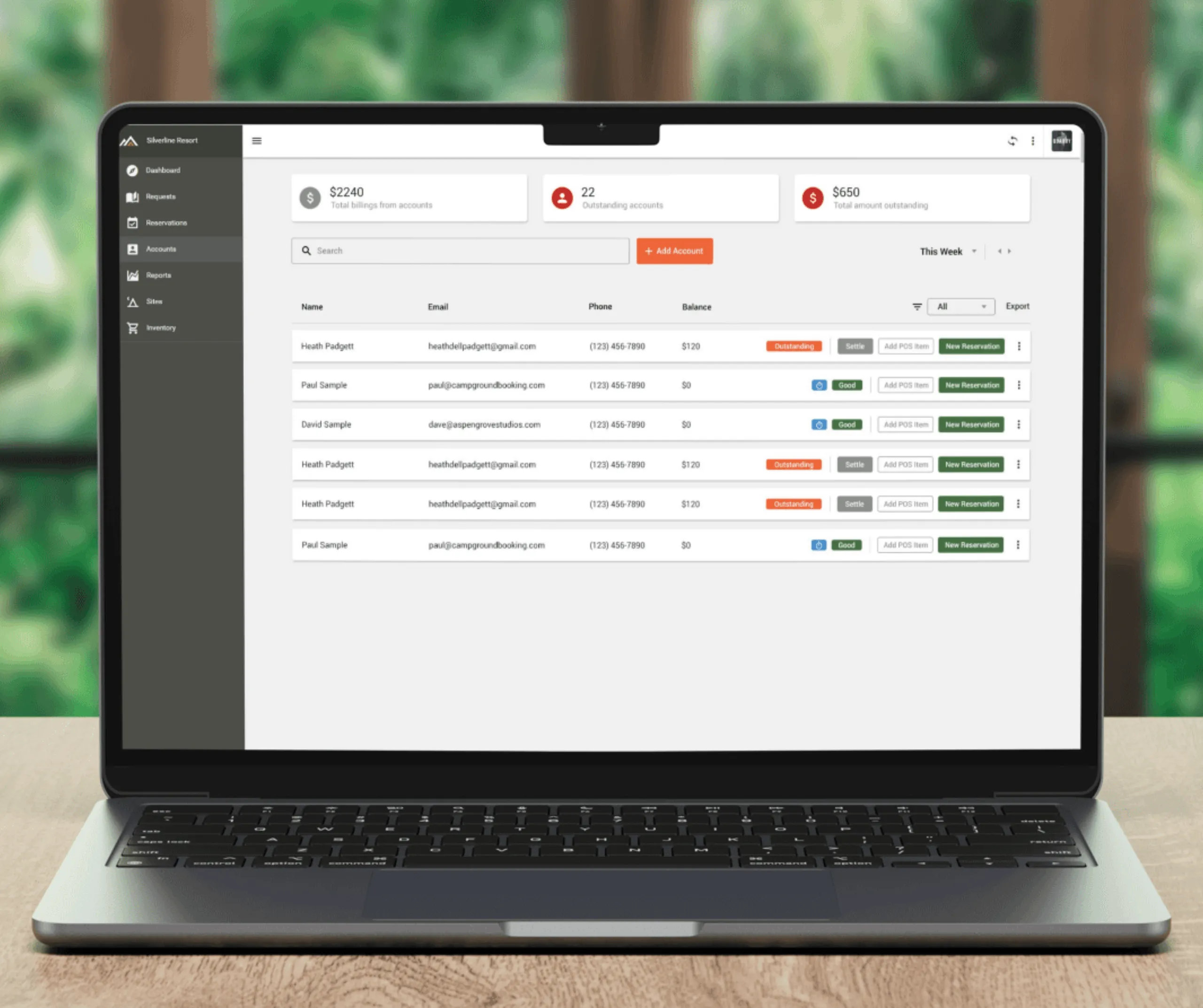 Operator admin Accounts screen with billing summary cards and a table of customer accounts, balances and statuses