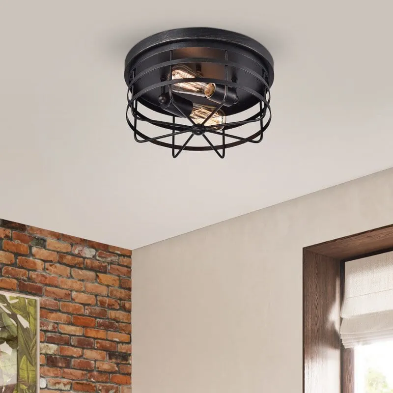 Interior inspiration — black industrial caged flush-mount ceiling light with Edison bulbs