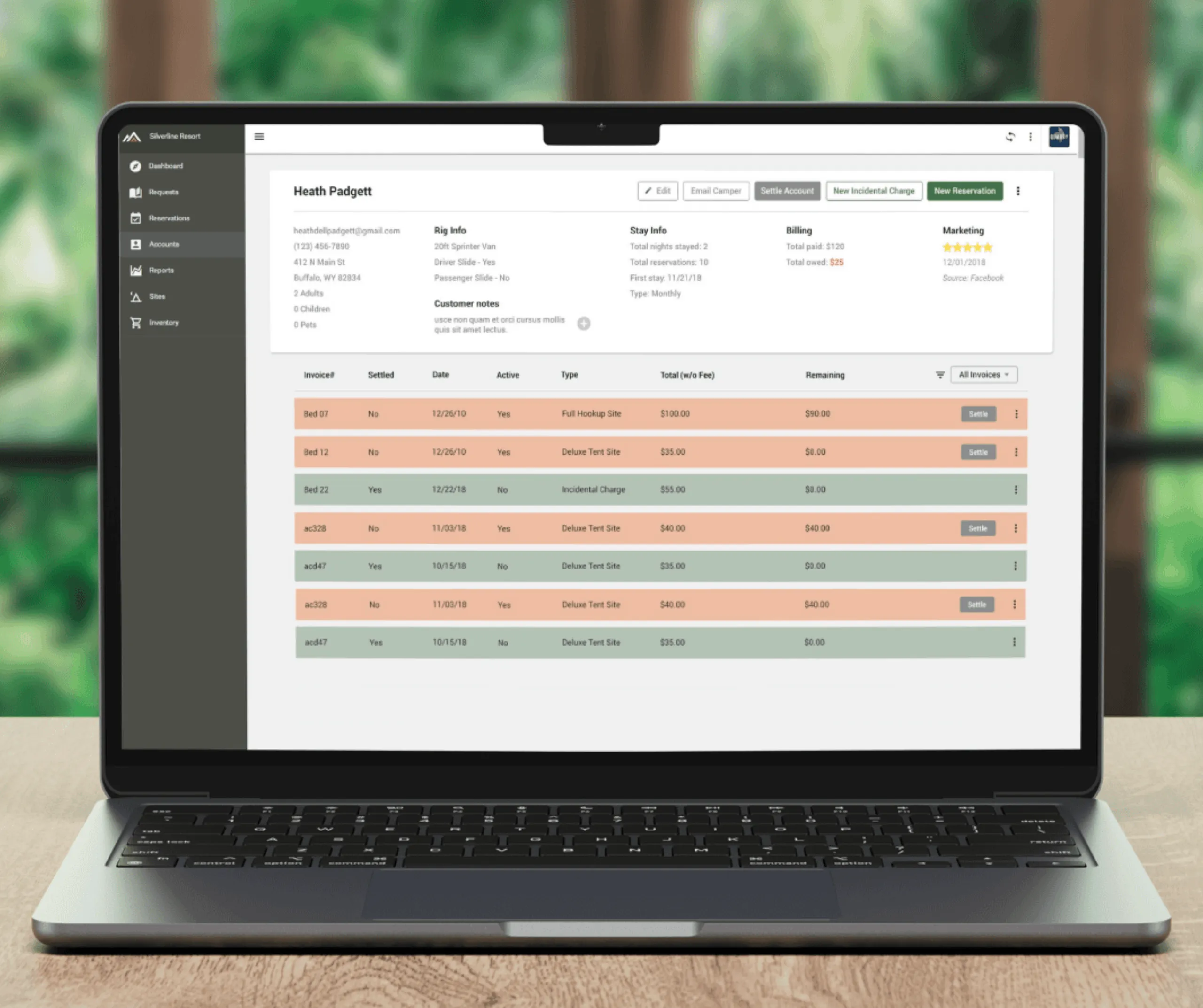 Operator admin customer detail screen with rig and stay info and a color-coded invoice table