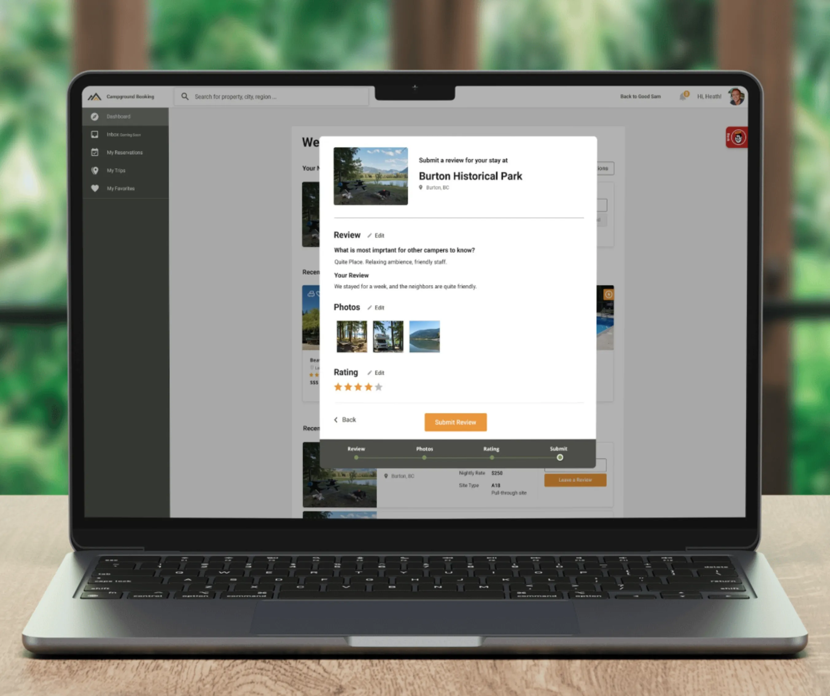 Submit a review modal for Burton Historical Park with review text, photo thumbnails and a star rating step indicator