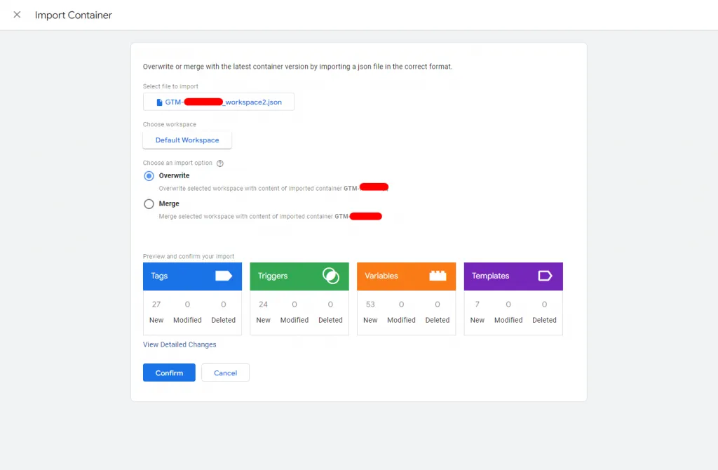 A screenshot of a Google Tag Manager container import showing 27 tags, 24 triggers, 53 variables, and 7 templates.