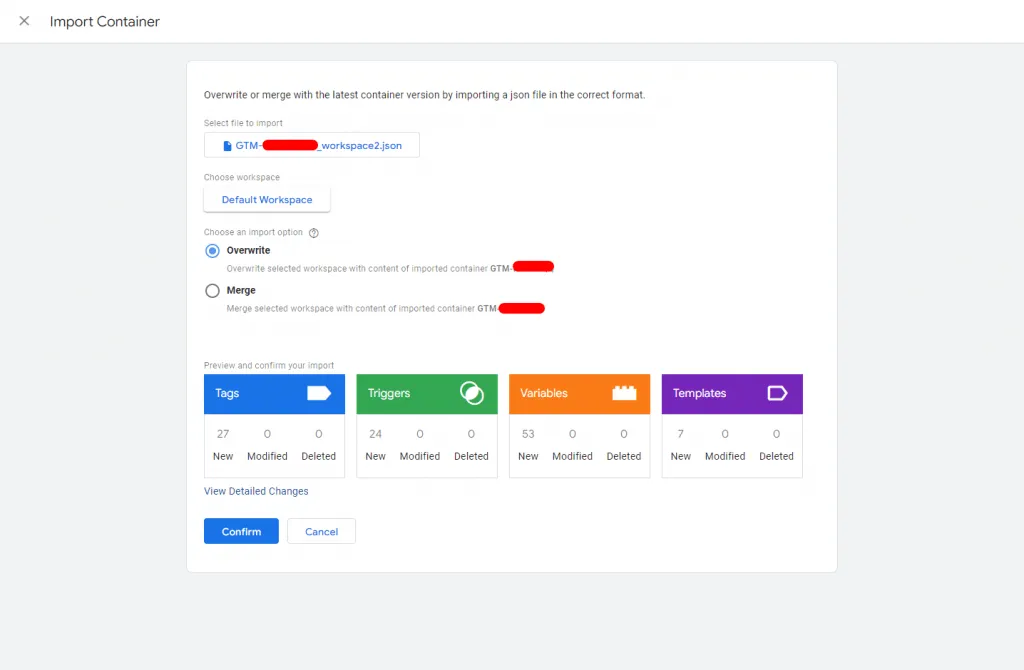A screenshot of a Google Tag Manager container import showing 27 tags, 24 triggers, 53 variables, and 7 templates.