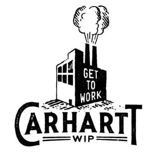 Mood board reference — vintage Carhartt WIP factory logo in black and white with 'Get to Work' lettering
