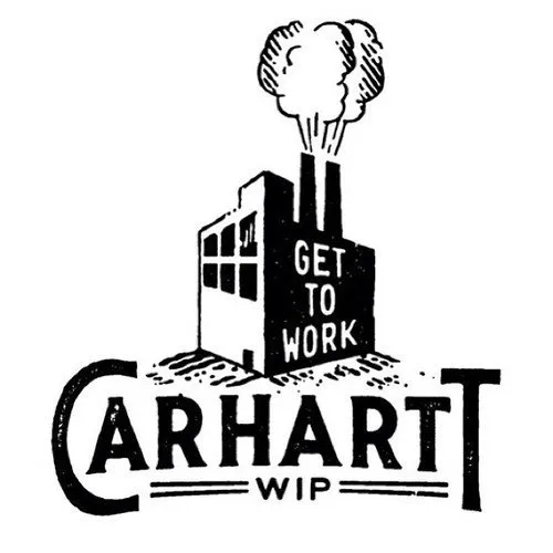 Mood board reference — vintage Carhartt WIP factory logo in black and white with 'Get to Work' lettering