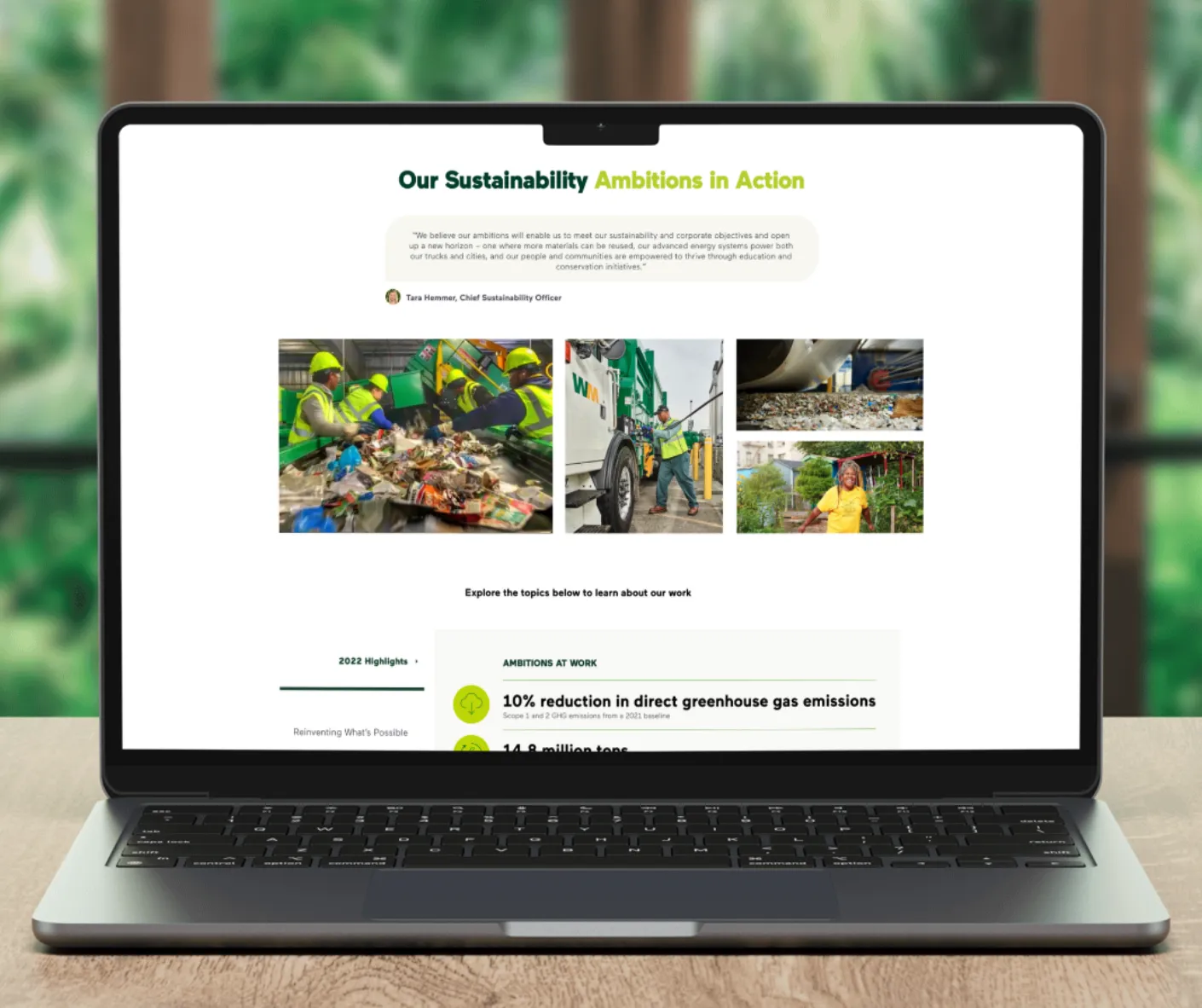Laptop mockup of WM Sustainability Ambitions in Action section with worker photos and greenhouse gas reduction stats