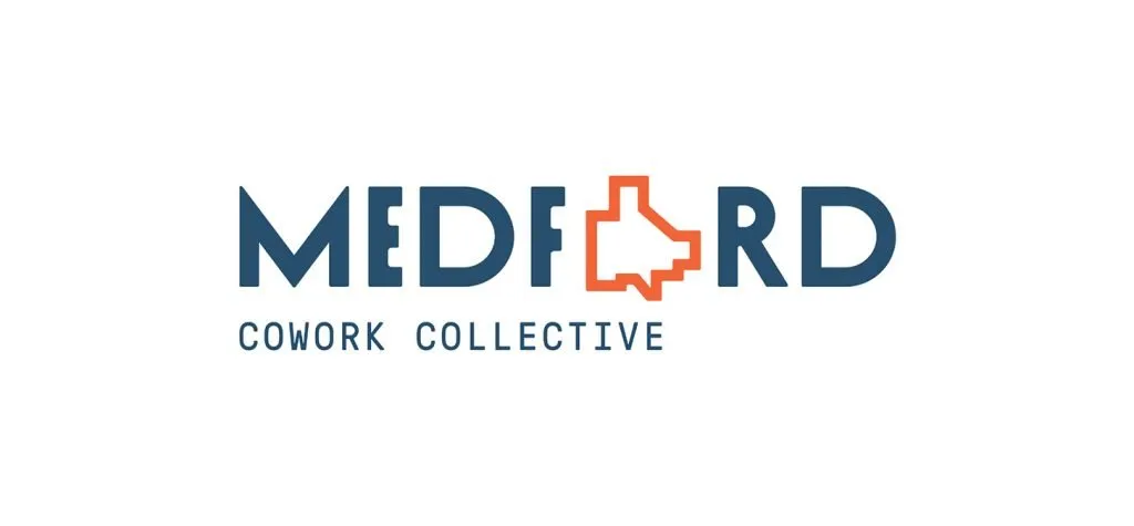 Final MCC logo — 'MEDFORD Cowork Collective' wordmark in navy with the orange city-limits icon as the 'O'