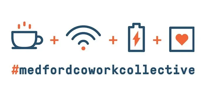 Refined icon set — coffee, wifi, battery and heart icons with plus signs above '#medfordcoworkcollective'