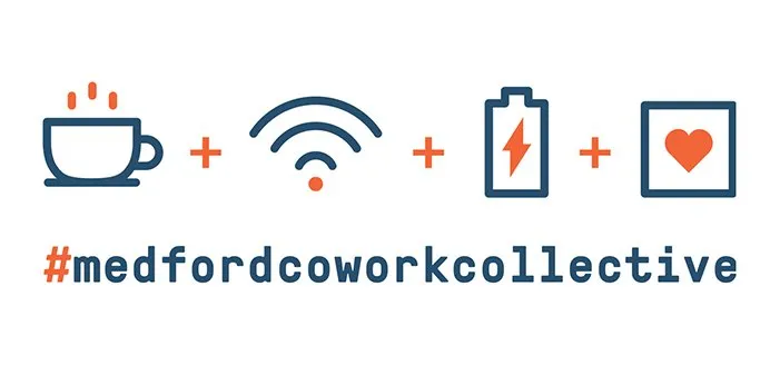 Refined icon set — coffee, wifi, battery and heart icons with plus signs above '#medfordcoworkcollective'