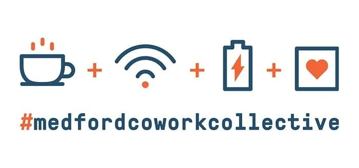 Refined icon set — coffee, wifi, battery and heart icons with plus signs above '#medfordcoworkcollective'