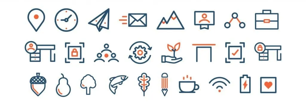 Full MCC icon library — 24 navy-and-orange line icons for coworking features and local Medford produce