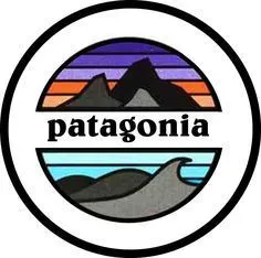 Mood board reference — Patagonia circular logo with a colorful mountain-sunset and wave scene