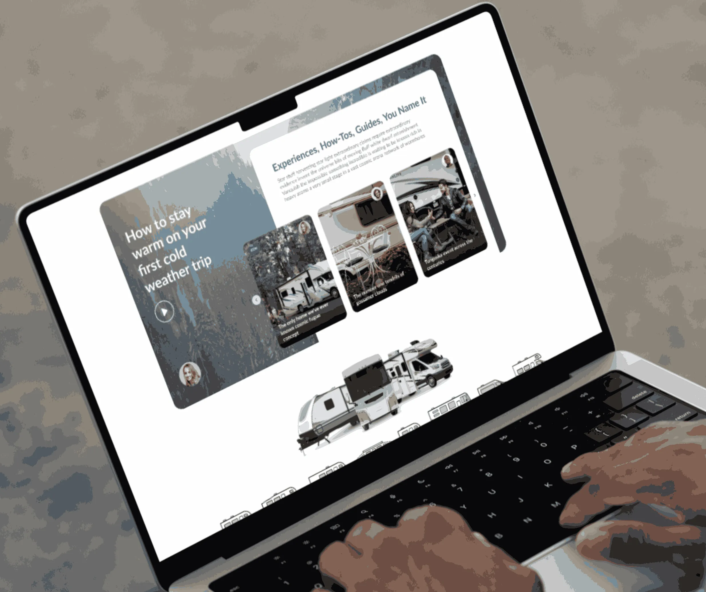 Laptop mockup of Camping World experiences and how-to guides section with article cards and an RV graphic