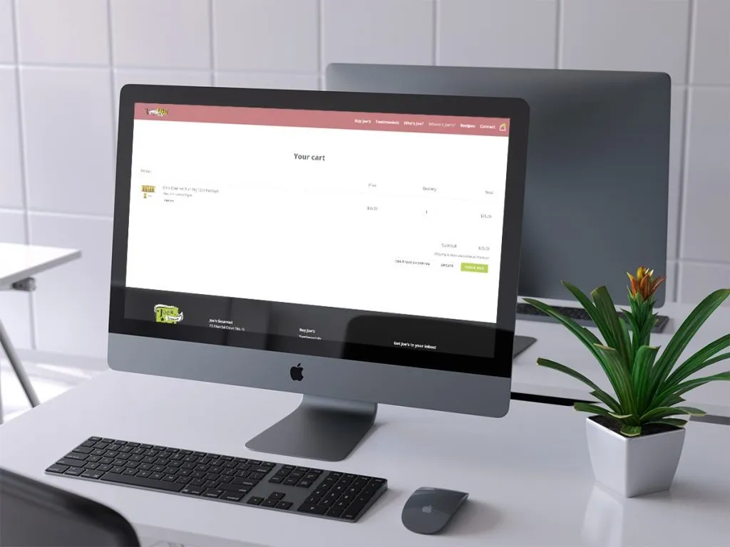 Mockup of the Joe's Gourmet Shopify cart screen on an iMac, listing a snack item with price, quantity, and checkout button