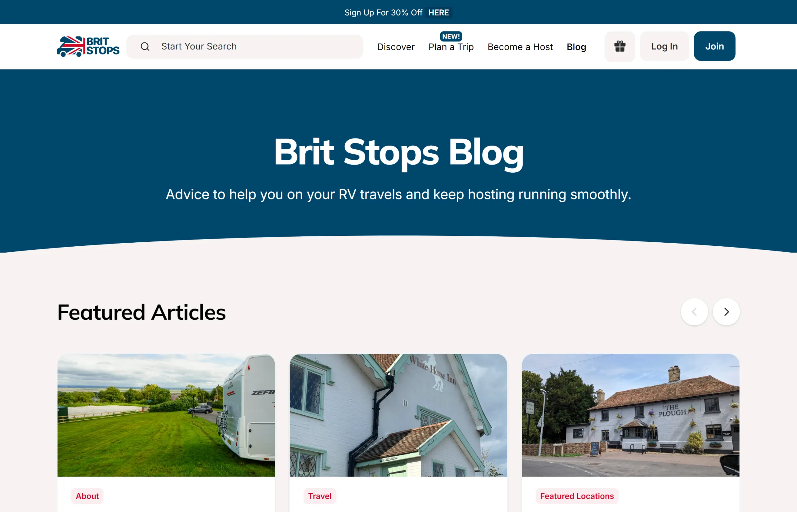 Brit Stops blog landing page with featured articles