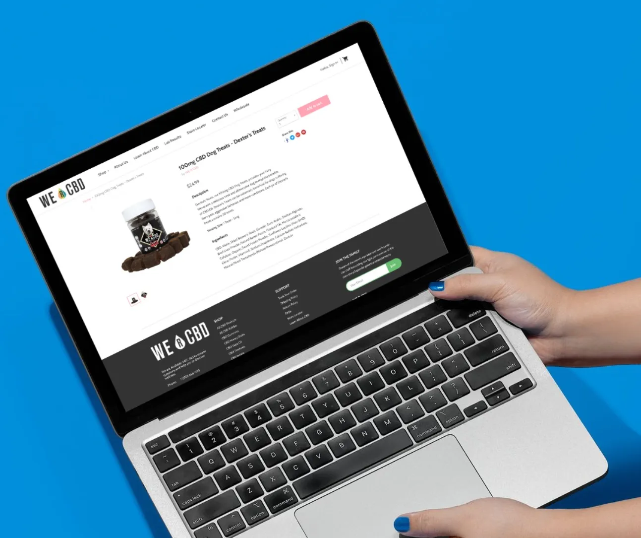 Hands holding an open laptop showing a We R CBD product page for 100mg CBD Dog Treats