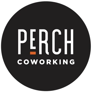 Mood board reference — Perch Coworking logo, white lettering with an orange dot in a black circle