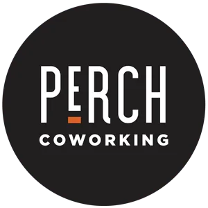 Mood board reference — Perch Coworking logo, white lettering with an orange dot in a black circle