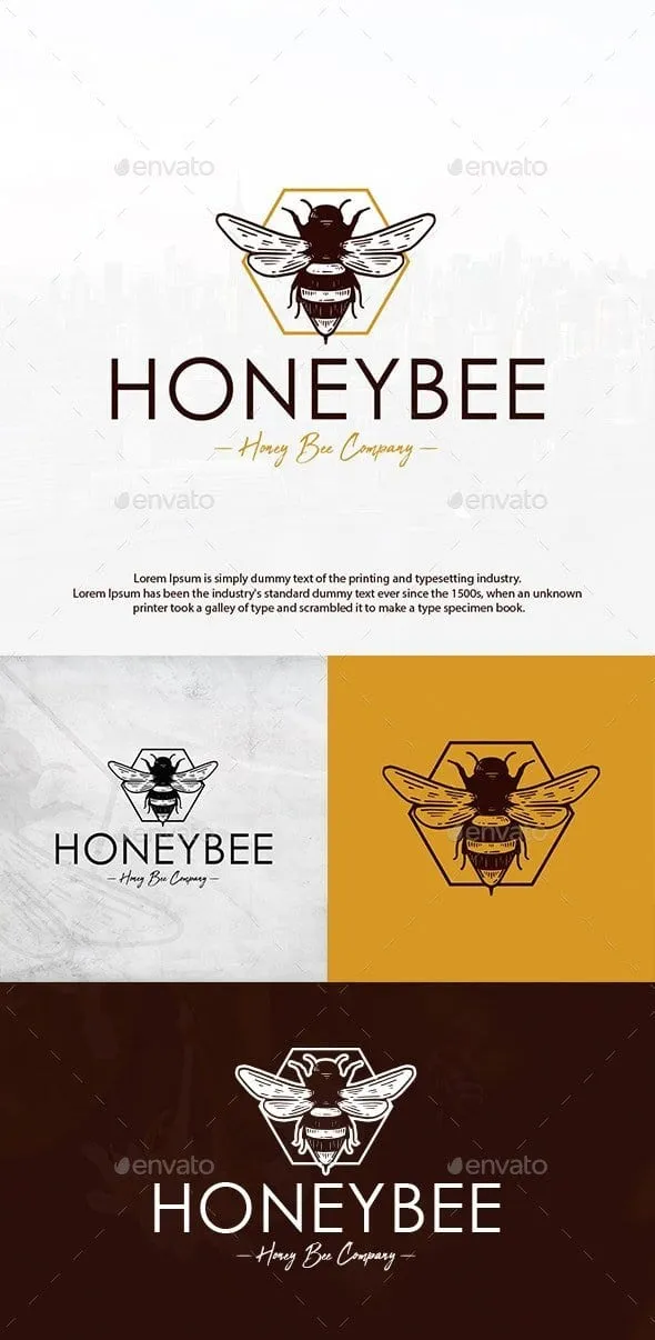 Mood board reference — vintage Honeybee Company logo set with engraved bee and hexagon across four color treatments