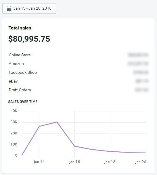 Shopify Total sales screen showing $80,995.75 for Jan 13-20 2018, broken out by channel with a sales-over-time line chart