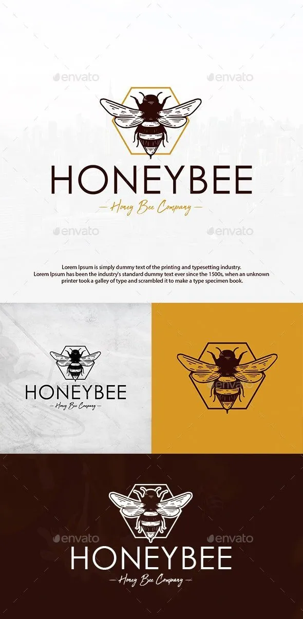 Mood board reference — vintage Honeybee Company logo set with engraved bee and hexagon across four color treatments