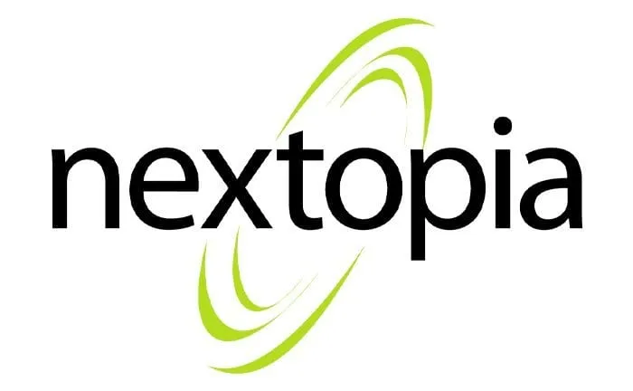 Nextopia logo in black lowercase lettering with a green swoosh on a white background