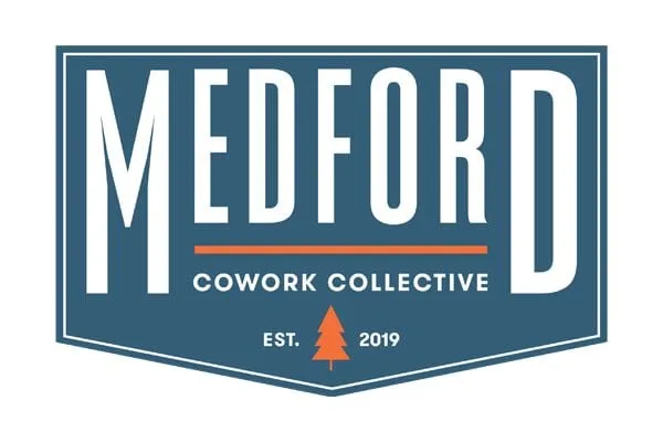 MCC logo concept — 'Medford Cowork Collective' in a blue crest badge with orange bar and pine tree