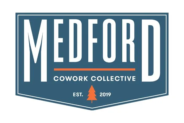 MCC logo concept — 'Medford Cowork Collective' in a blue crest badge with orange bar and pine tree