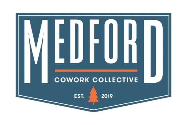 MCC logo concept — 'Medford Cowork Collective' in a blue crest badge with orange bar and pine tree