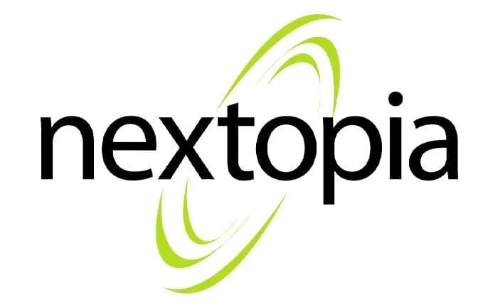 Nextopia logo in black lowercase lettering with a green swoosh on a white background