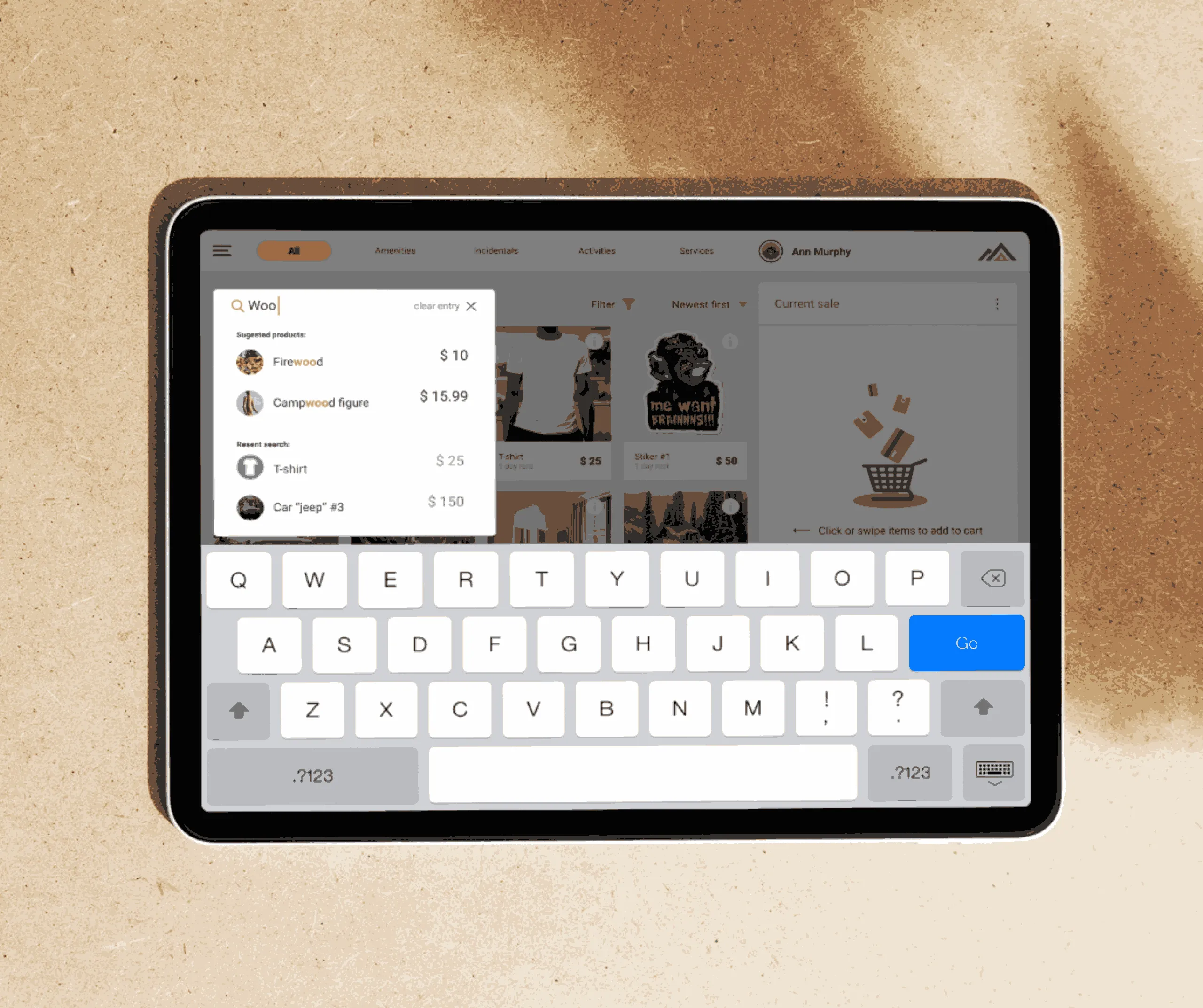 Tablet POS screen with on-screen keyboard and product search dropdown showing suggested items and recent searches