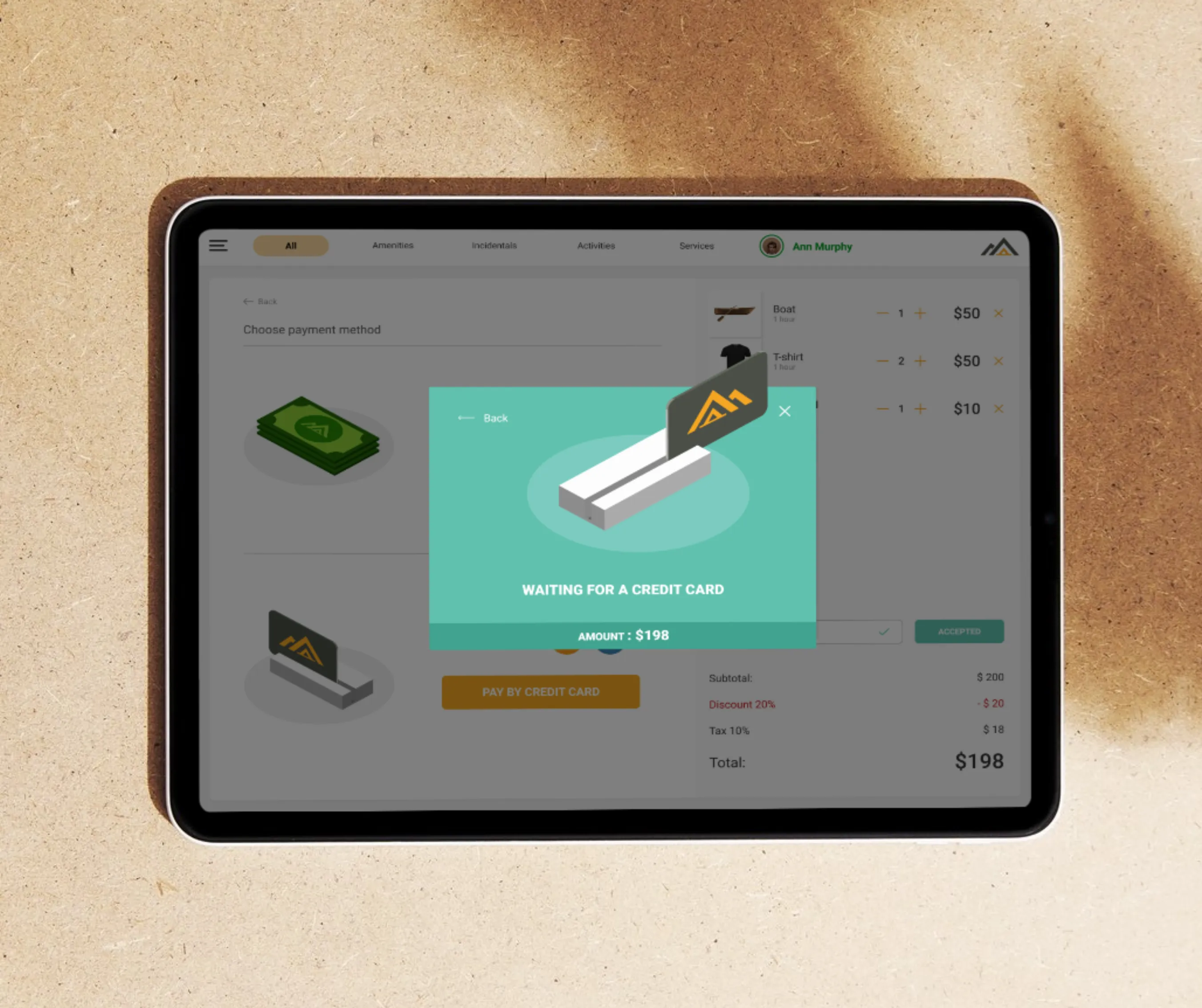 Tablet POS checkout with a 'Waiting for a credit card' modal showing card-swipe illustration and a $198 amount due