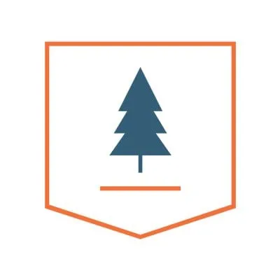 Logo concept — pine tree icon inside an orange-outlined shield badge on white