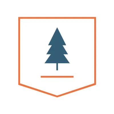 Logo concept — pine tree icon inside an orange-outlined shield badge on white