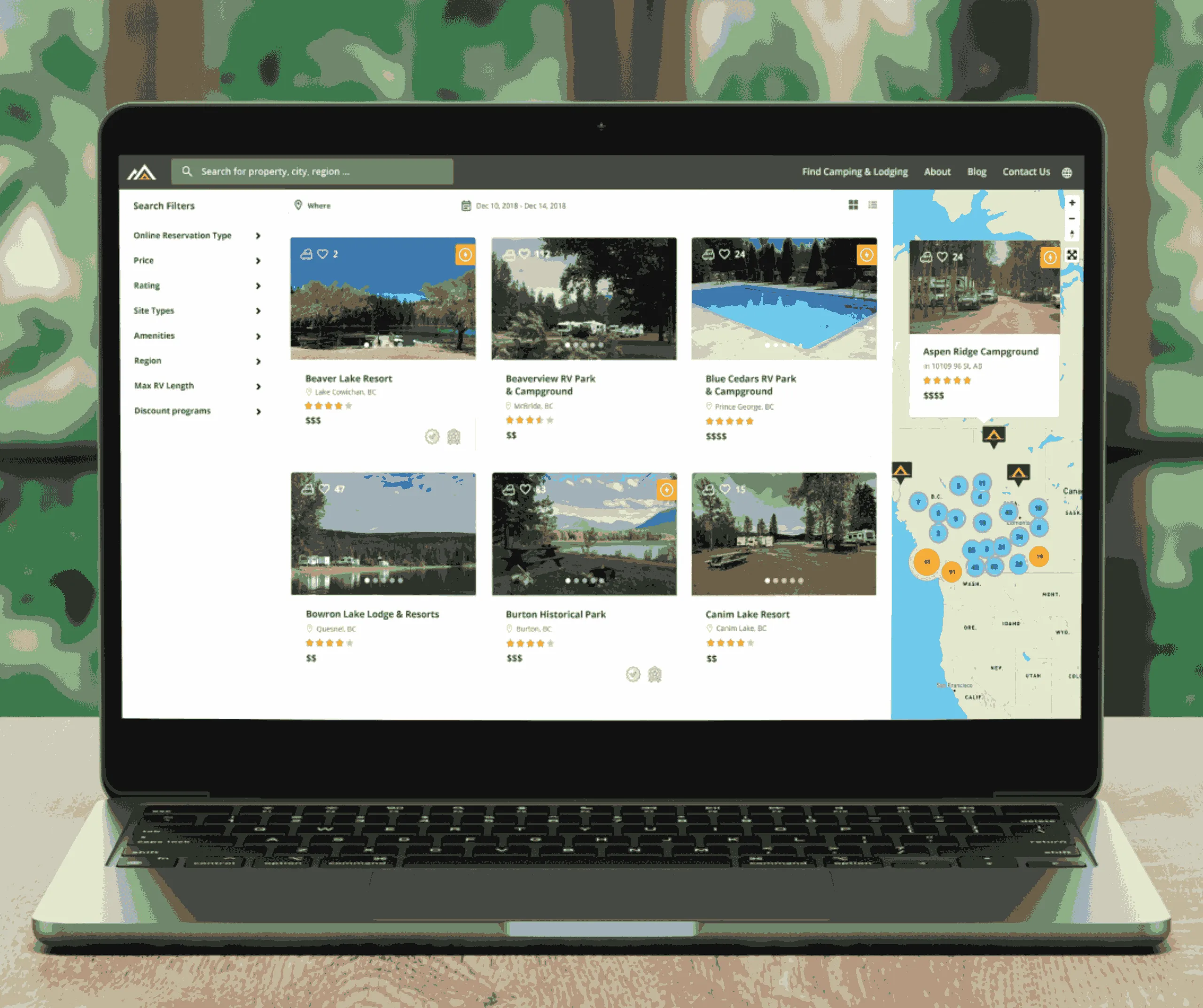 Laptop showing campground search results with filters, listing cards of resorts with ratings and prices, and a map of sites